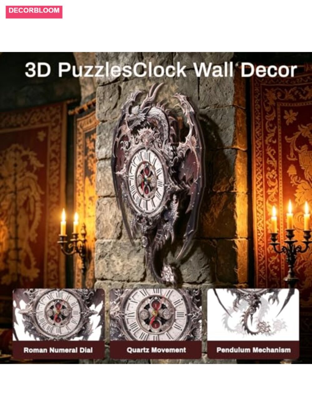 3D Wooden Dragon Clock Puzzle for Adults, Pendulum Wall Decor, STEM DIY Craft - Picture 3 of 4
